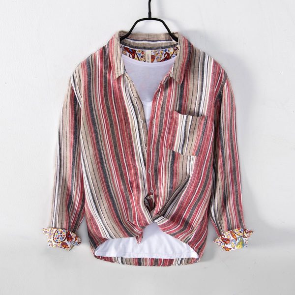 Men's Striped Linen Long Sleeve Shirt - Image 2