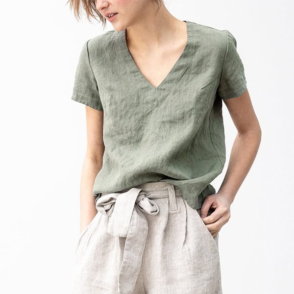 Women's Simple Solid Color V-Neck Linen T-Shirt - Image 4