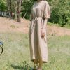 Women's Linen Midi Dress - Loose, Lace-Up V-Neck