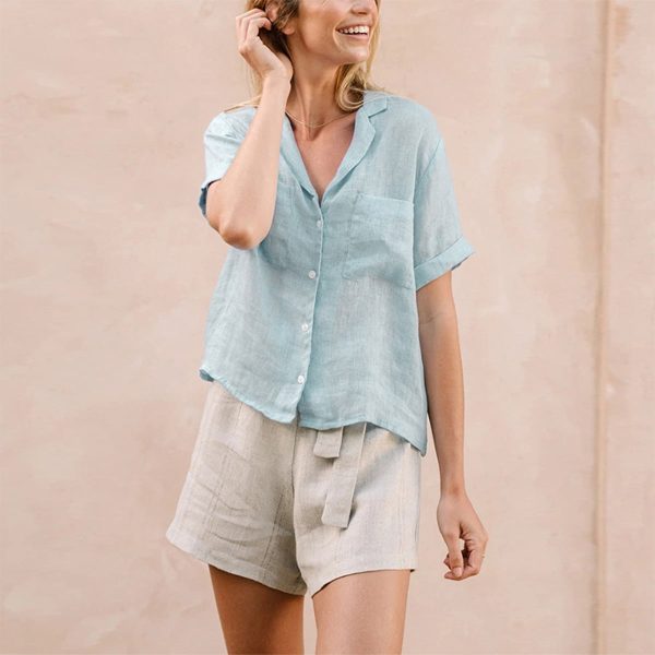 Women's Linen Shirt with Short Sleeves and Lapel Collar - Image 3