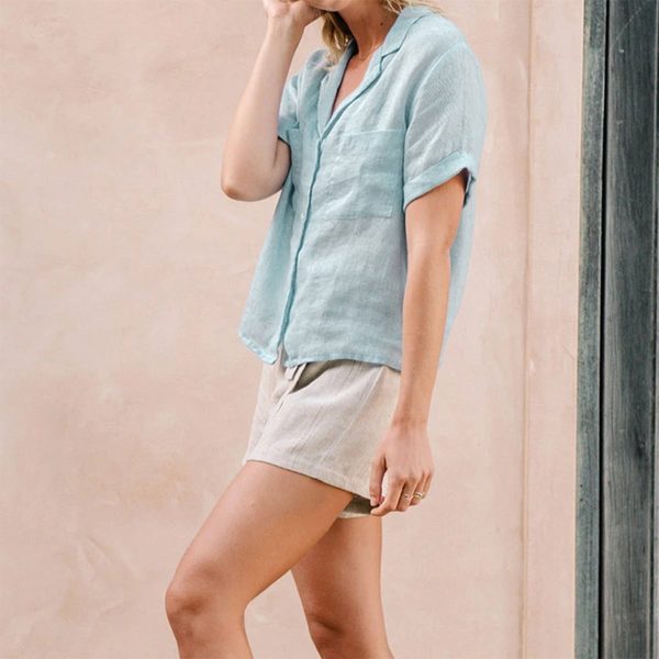 Women's Linen Shirt with Short Sleeves and Lapel Collar - Image 4