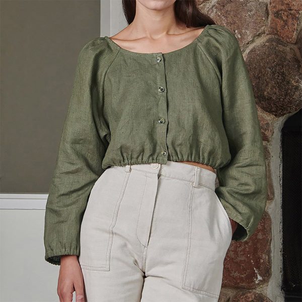 Women's Ultra-Short Linen T-Shirt with Long Sleeves and Crew Neck - Image 3