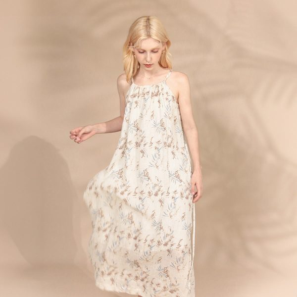 Women's Elegant Floral Printed Halter Linen Dress - Image 2