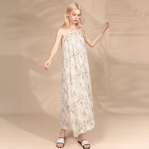 Women's Elegant Floral Printed Halter Linen Dress - Image 4