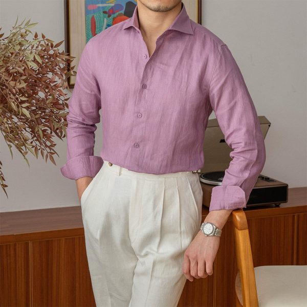 Men's Lightweight Long Sleeve Linen Shirt with Windsor Collar - Image 2