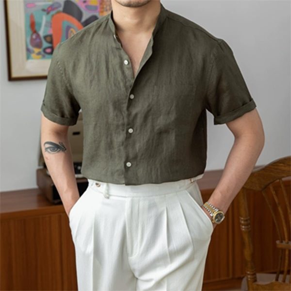 Men's Linen Mandarin Collar Short-Sleeve Shirt