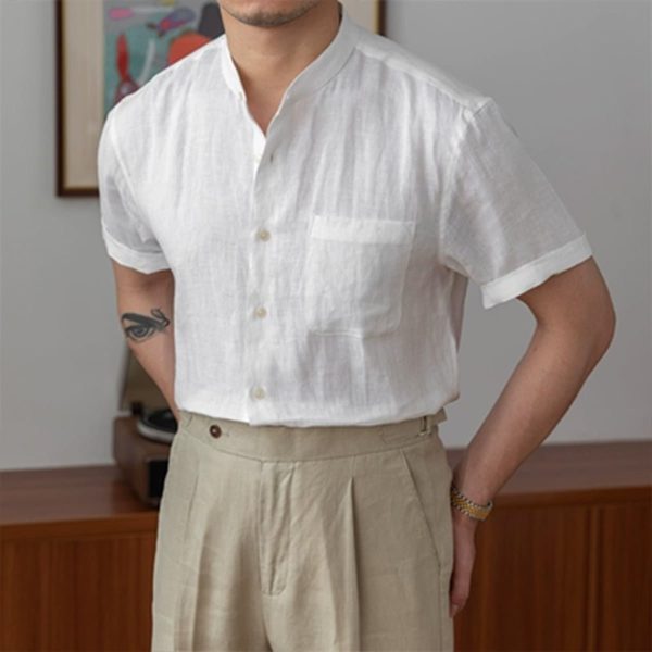 Men's Linen Mandarin Collar Short-Sleeve Shirt - Image 2