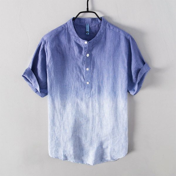 Men's Gradient Linen Polo Collar Short Sleeve T-Shirt - Image 3