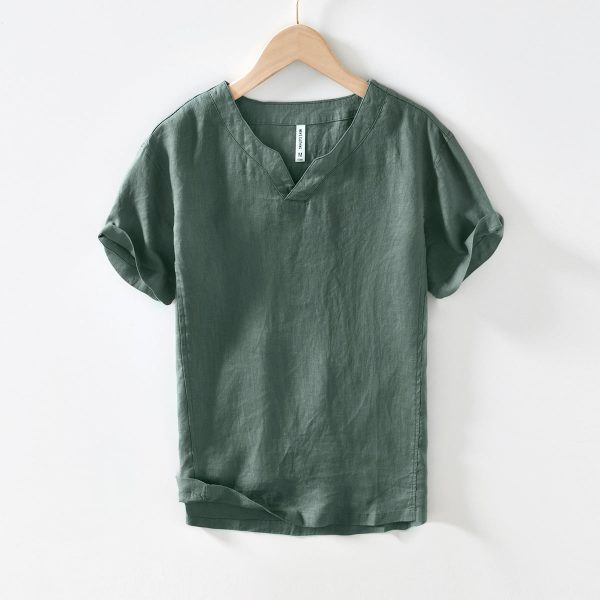 Men's Vintage-Inspired V-Neck Linen Tee - Image 5