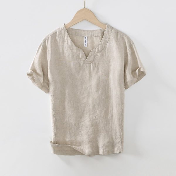 Men's Vintage-Inspired V-Neck Linen Tee - Image 3