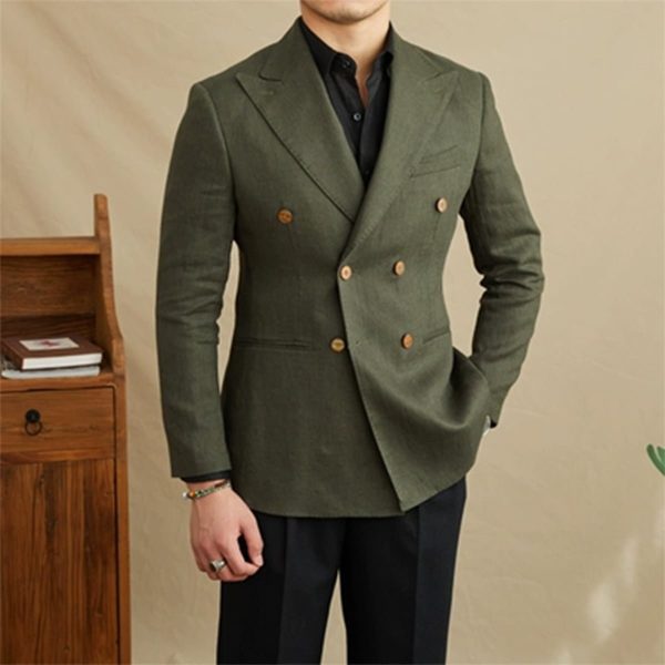 Men's Slim Fit Double-breasted Summer Linen Blazer - Image 4