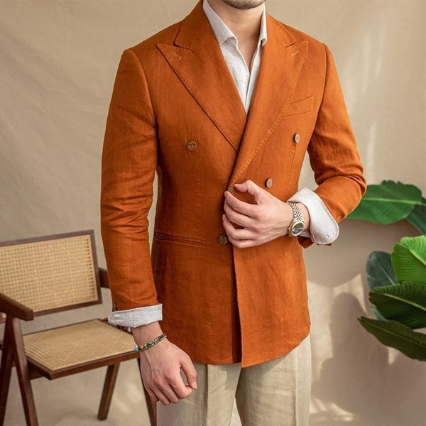 Men's Slim Fit Double-breasted Summer Linen Blazer - Image 3